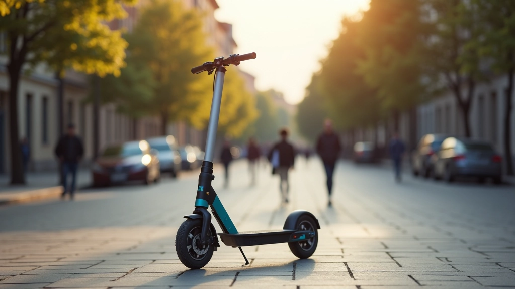 Elektriskais skūteris un kopīgošanas velosipēds stāv pilsētas ieļā ar cilvēkiem fona