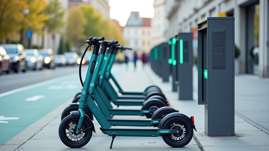 Elektriskā skūtera stacija Rīgas centru daļā ar vairākām skūteriem