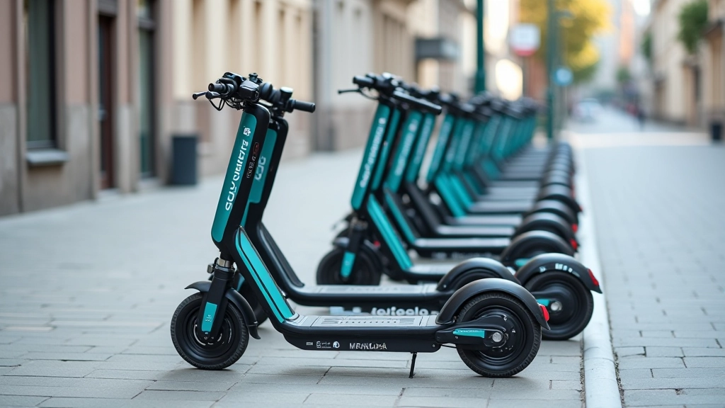 Rīgas trotuārs ar vairākām elektriskām skūterēm pareizi novietotām stāvvietā, organizēts un tīrs